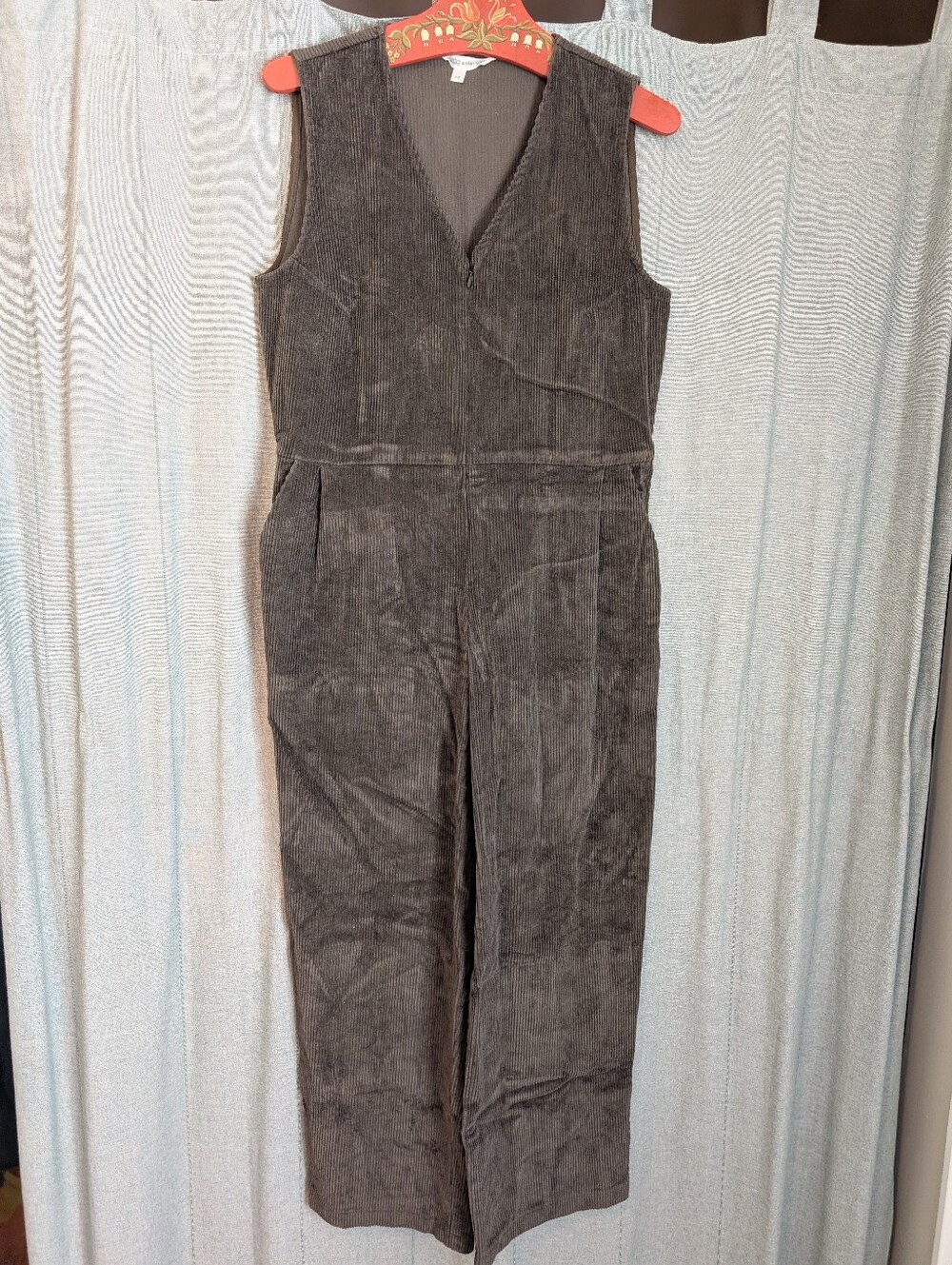 Corduroy V-Neck Wide-Leg Jumpsuit - Brownish Green